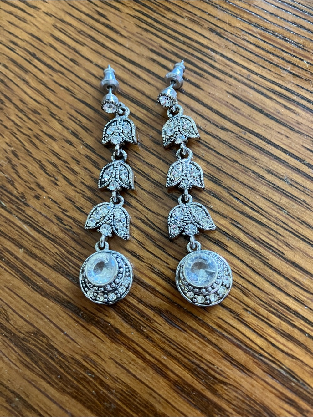 Monet Silver-Tone Leaf Drop Earrings with Clear Crystals